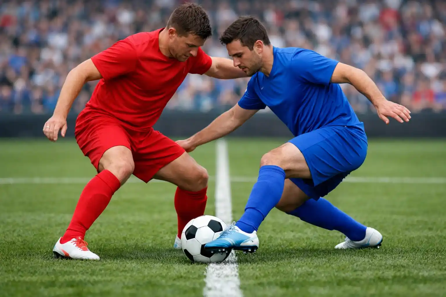 Jugadores de dos equipos disputando un bal&oacute;n en el centro del campo