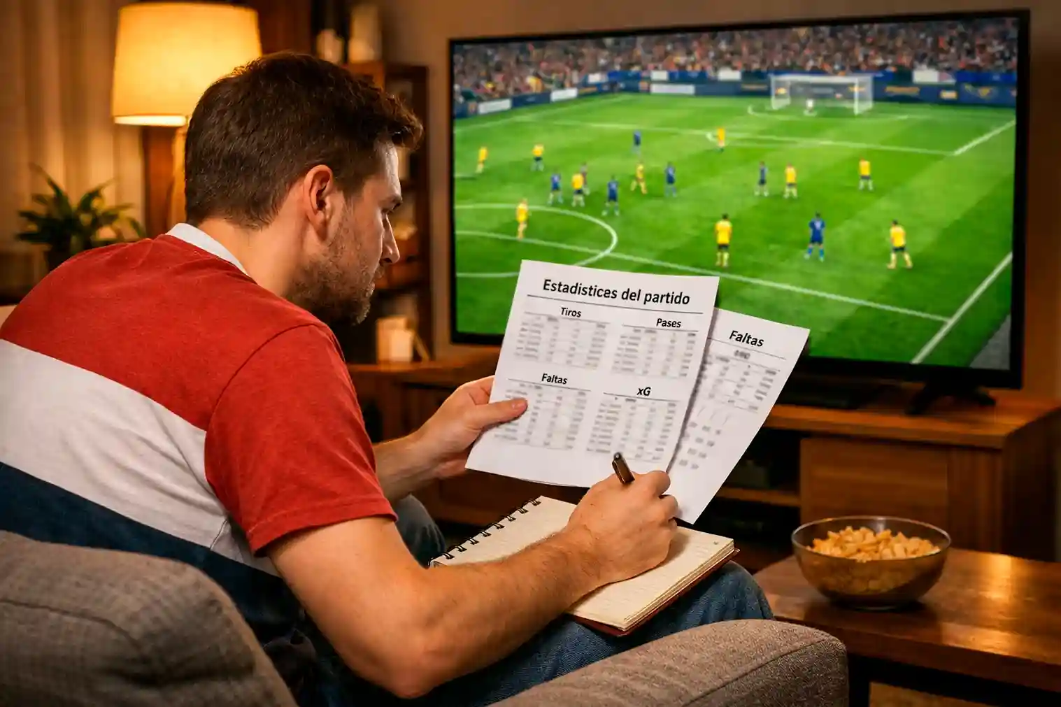Aficionado analizando estadísticas de partido de fútbol en pantalla