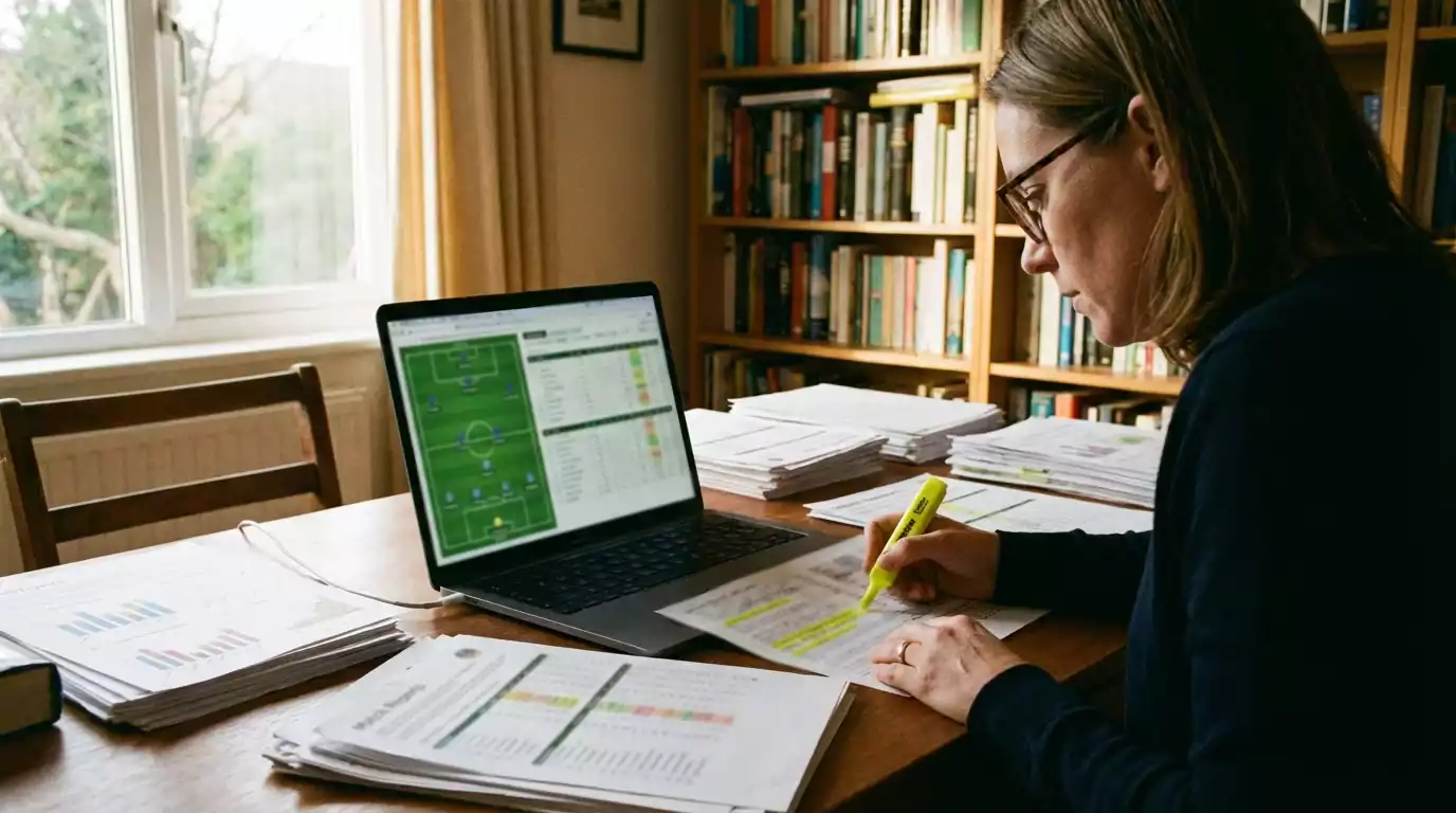 Persona analizando estadísticas de un partido de fútbol en un portátil con anotaciones