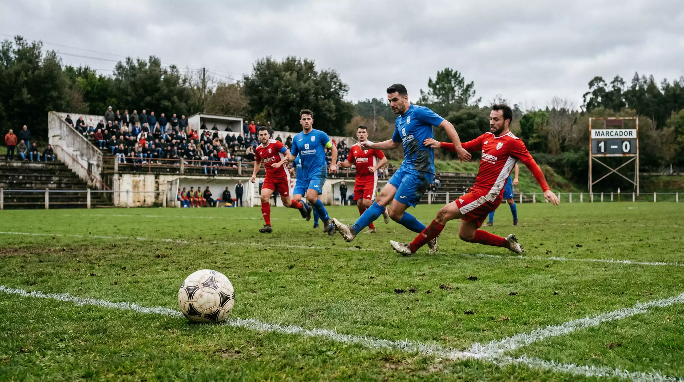 Partido de fútbol en un estadio pequeño de liga menor con gradas modestas y césped natural