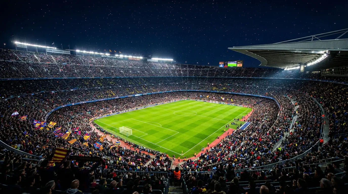 Estadio de fútbol iluminado para un partido de competición europea nocturno