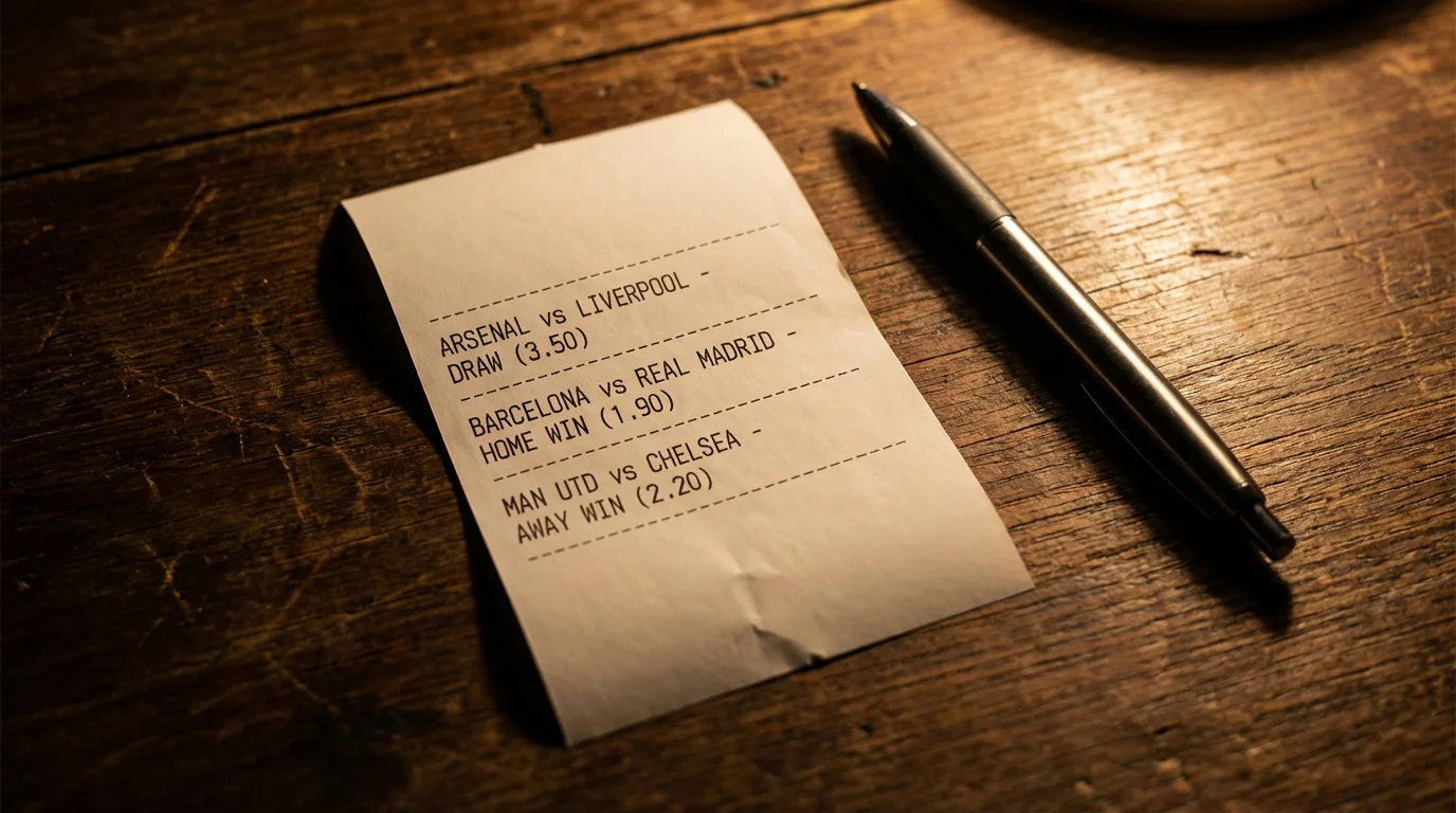 Boleto de apuestas con varias selecciones de partidos de fútbol sobre una mesa