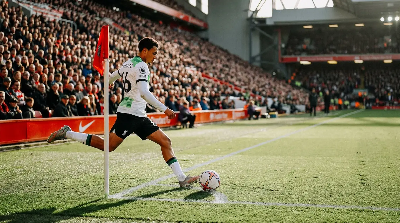 Jugador de fútbol ejecutando un saque de esquina en un estadio con banderín de córner