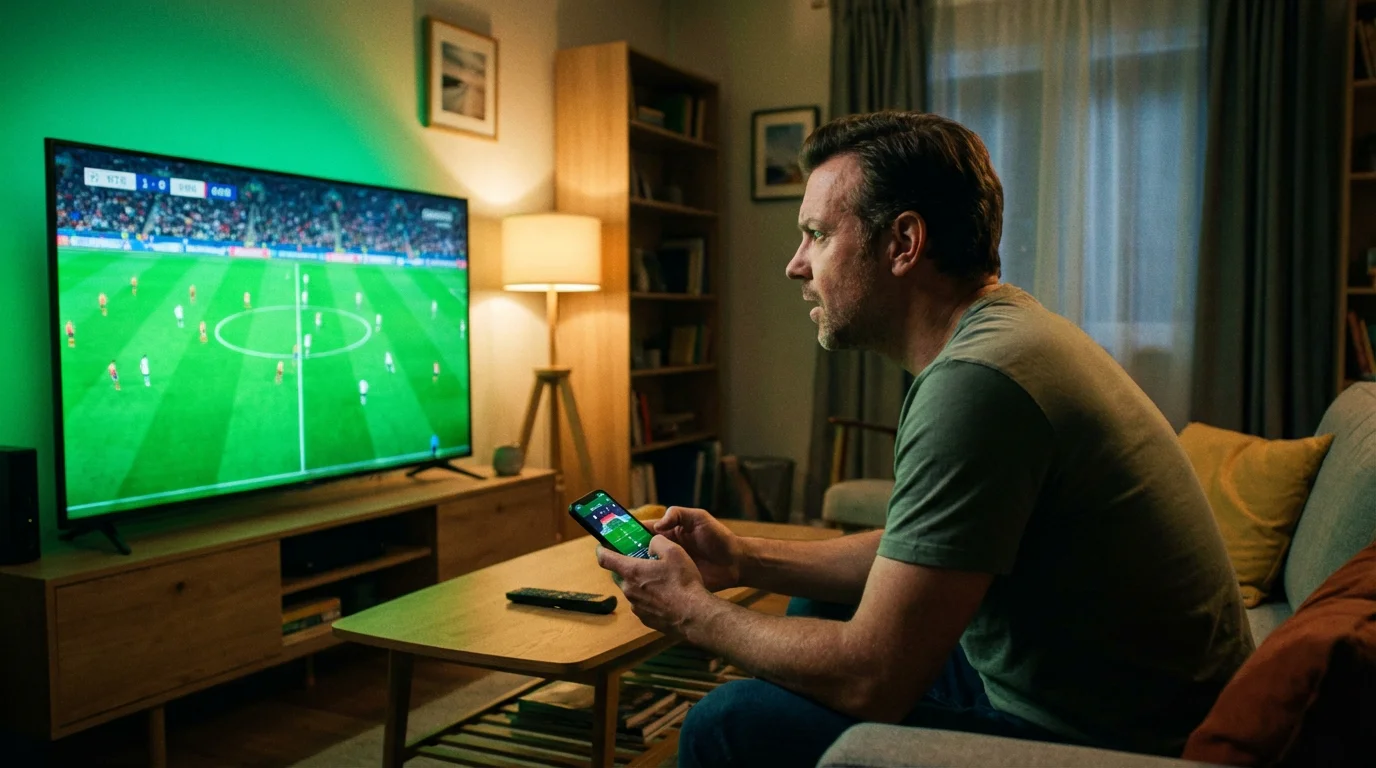 Aficionado viendo un partido de fútbol en vivo en televisión mientras consulta el móvil