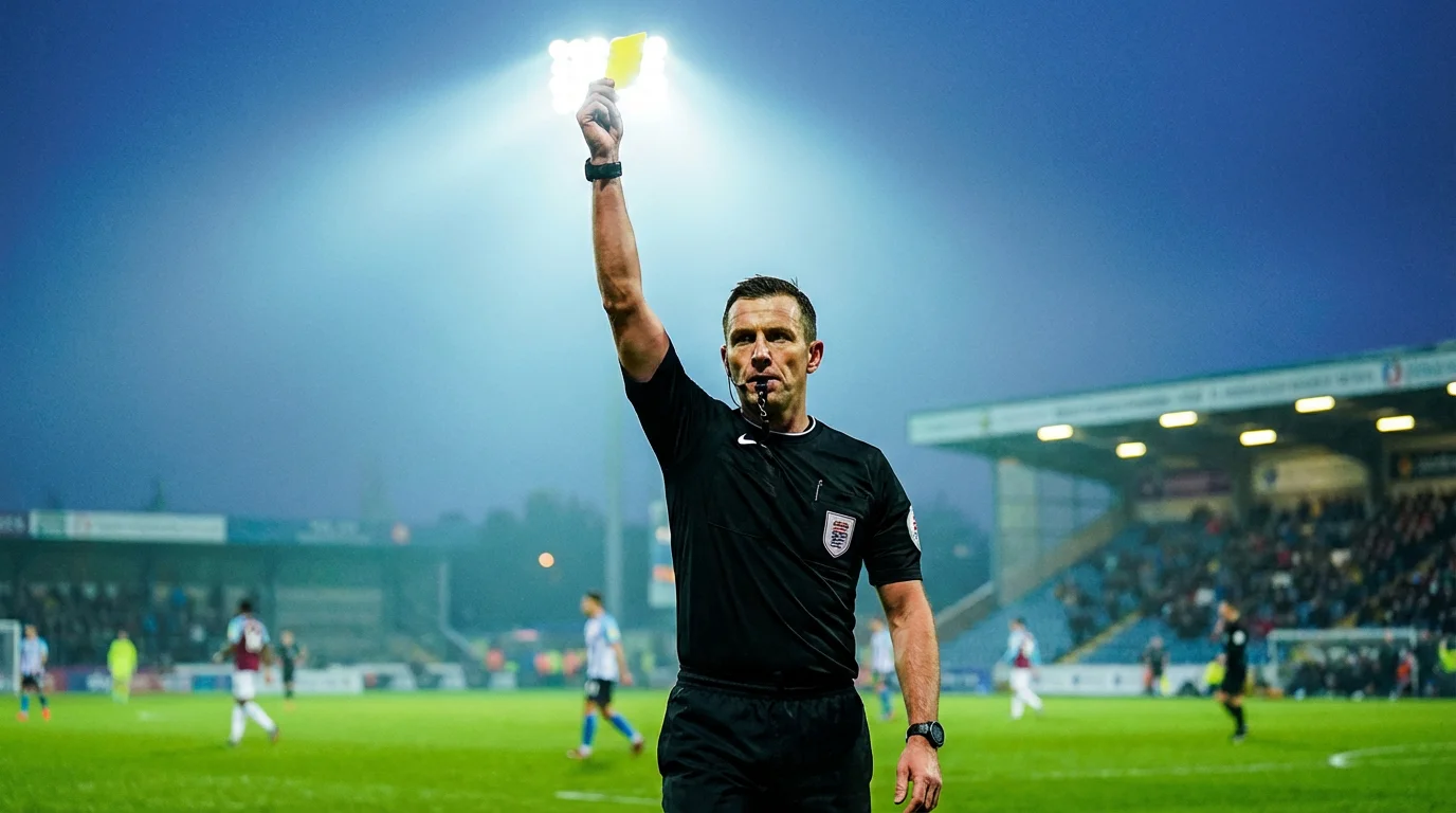 Árbitro de fútbol mostrando una tarjeta amarilla en un partido disputado
