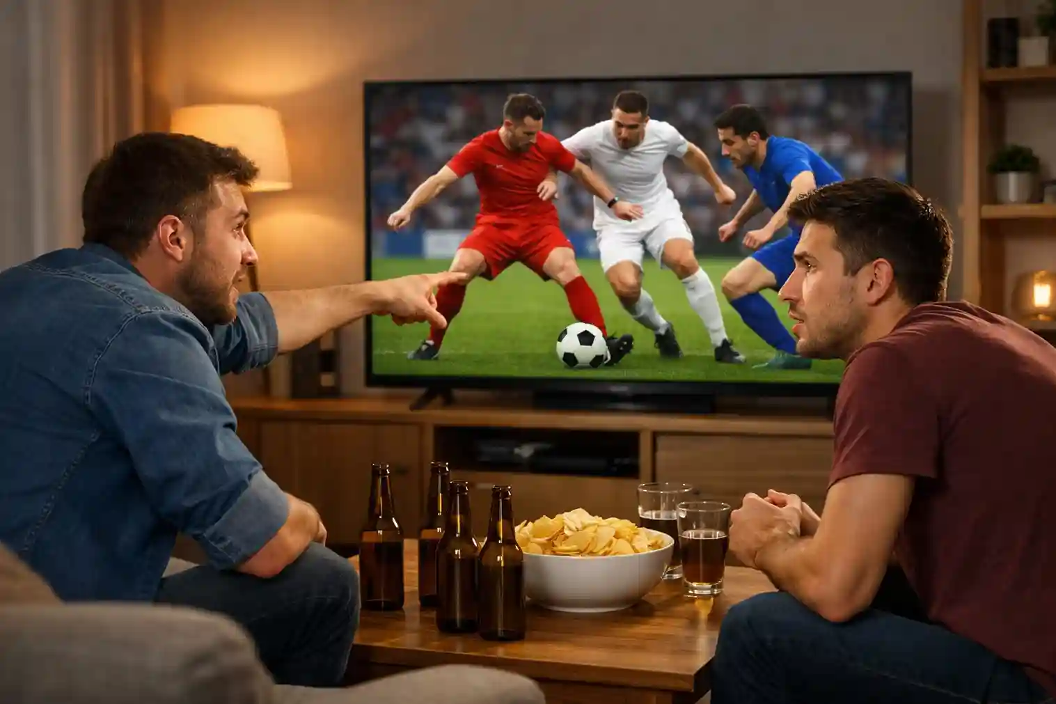 Persona viendo partido de fútbol en directo en televisión