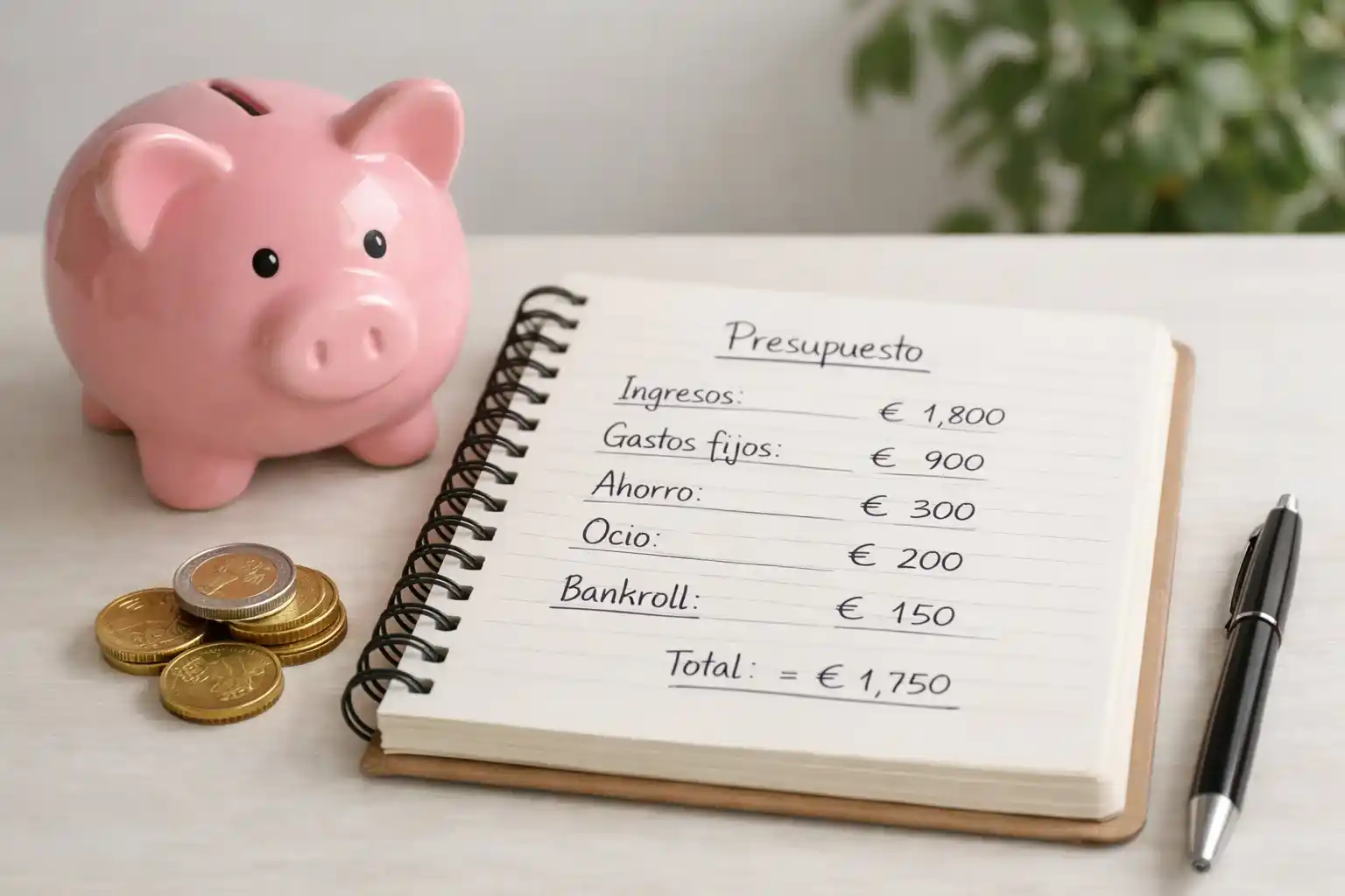 Hucha de cerdito junto a libreta con anotaciones de presupuesto