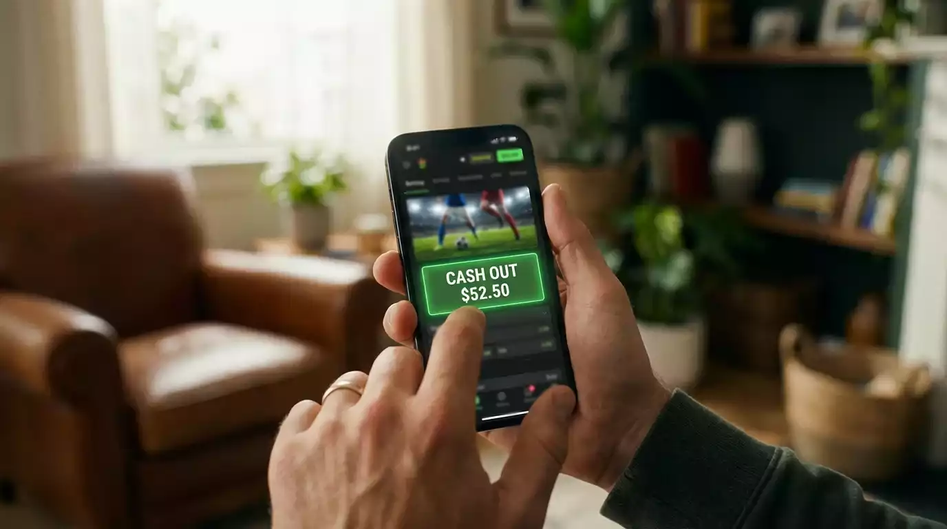 Mano sosteniendo un smartphone con la pantalla de una casa de apuestas mostrando la opción de cash out