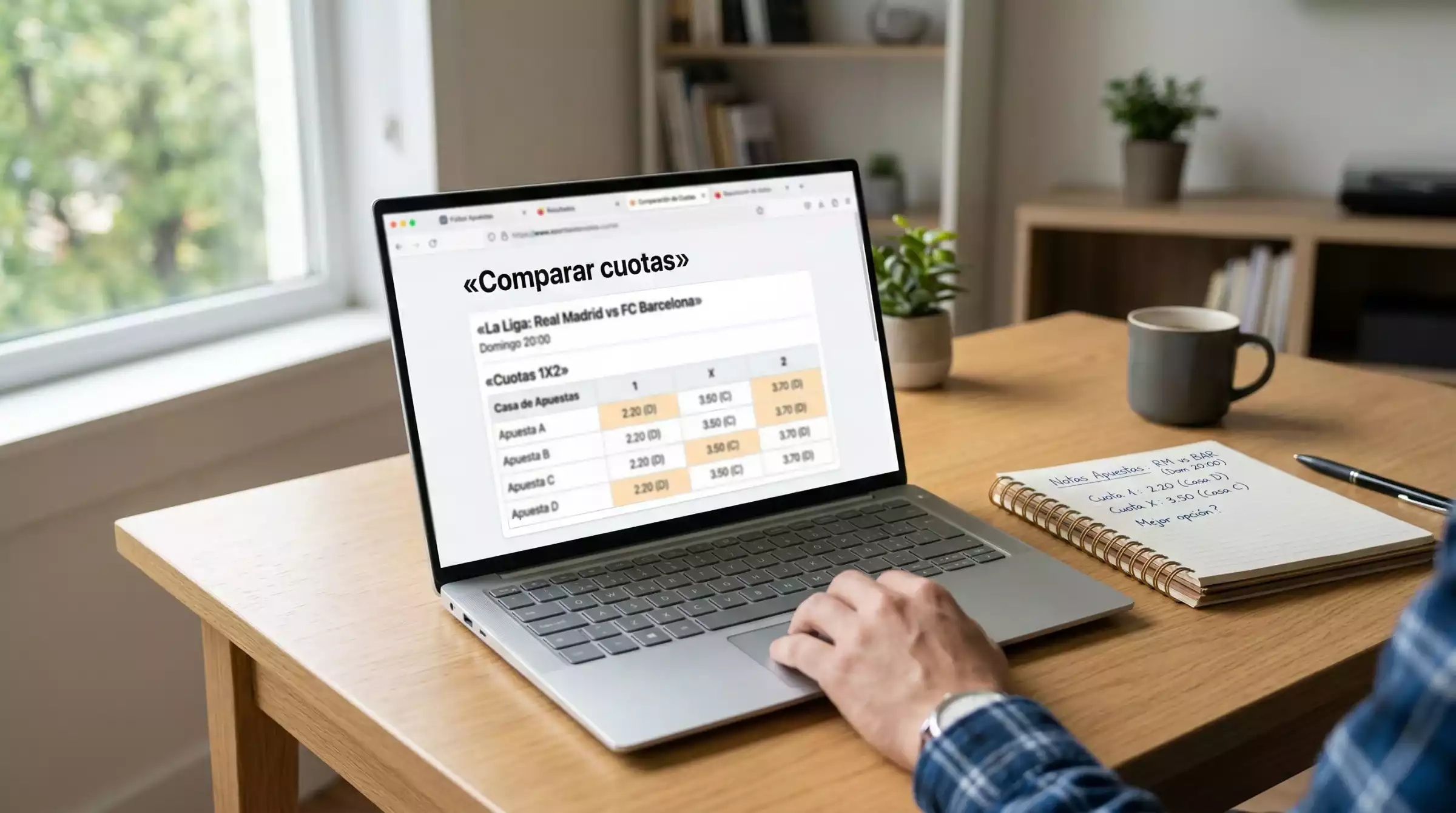 Persona comparando cuotas de apuestas de fútbol en varias pestañas del navegador