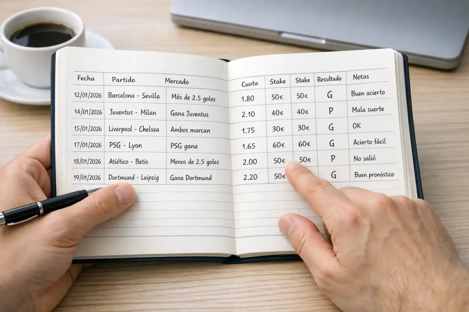 Apostador revisando registro de apuestas con bolígrafo