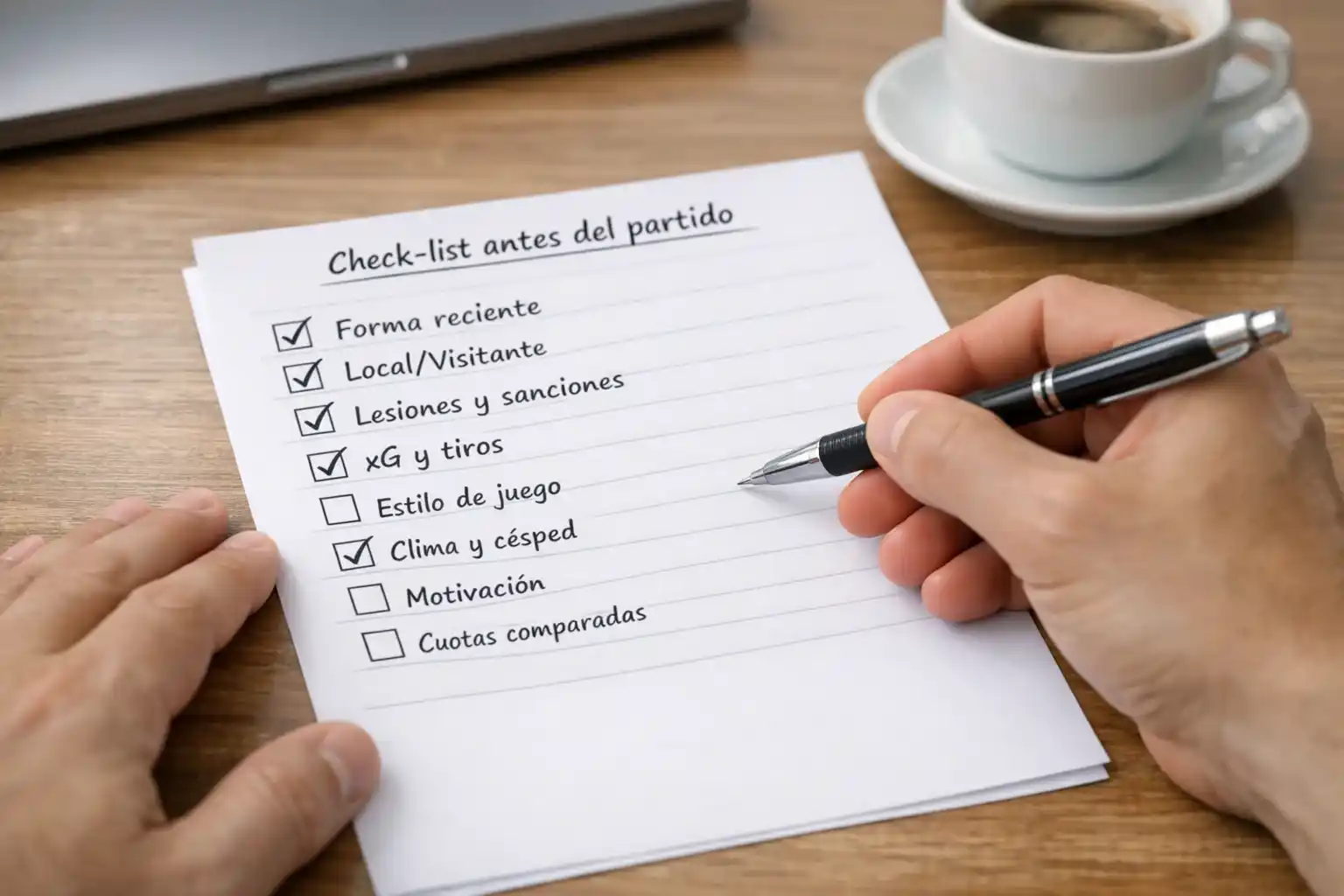 Persona completando checklist de análisis pre-partido