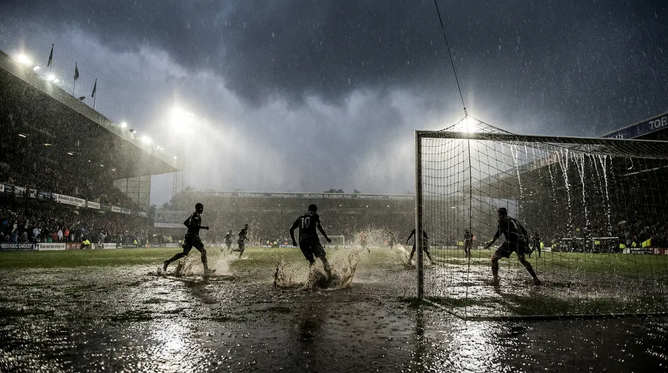 Partido de fútbol disputado bajo lluvia intensa con el césped empapado y charcos