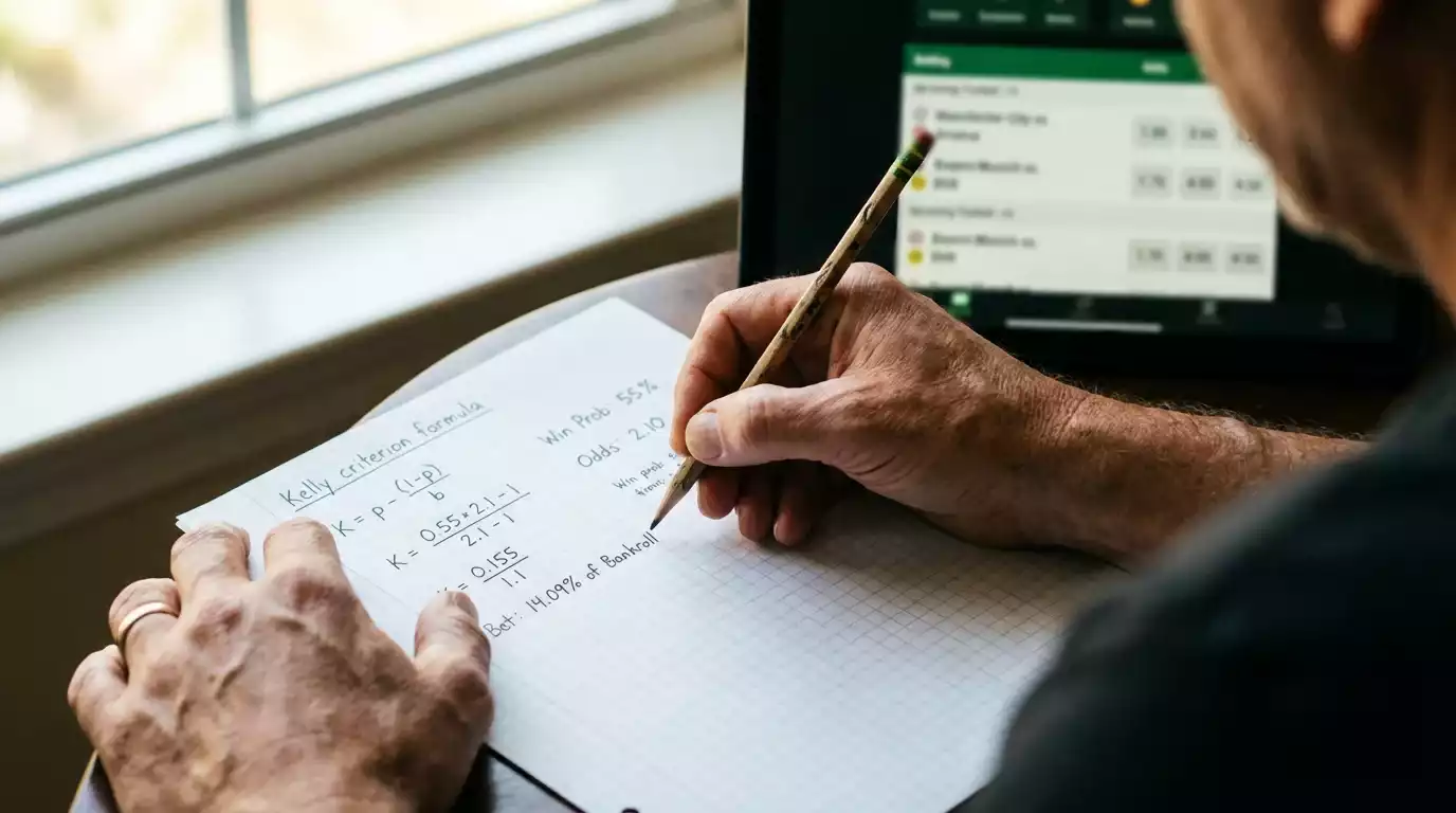 Persona calculando una fórmula matemática en un cuaderno con datos de apuestas de fútbol