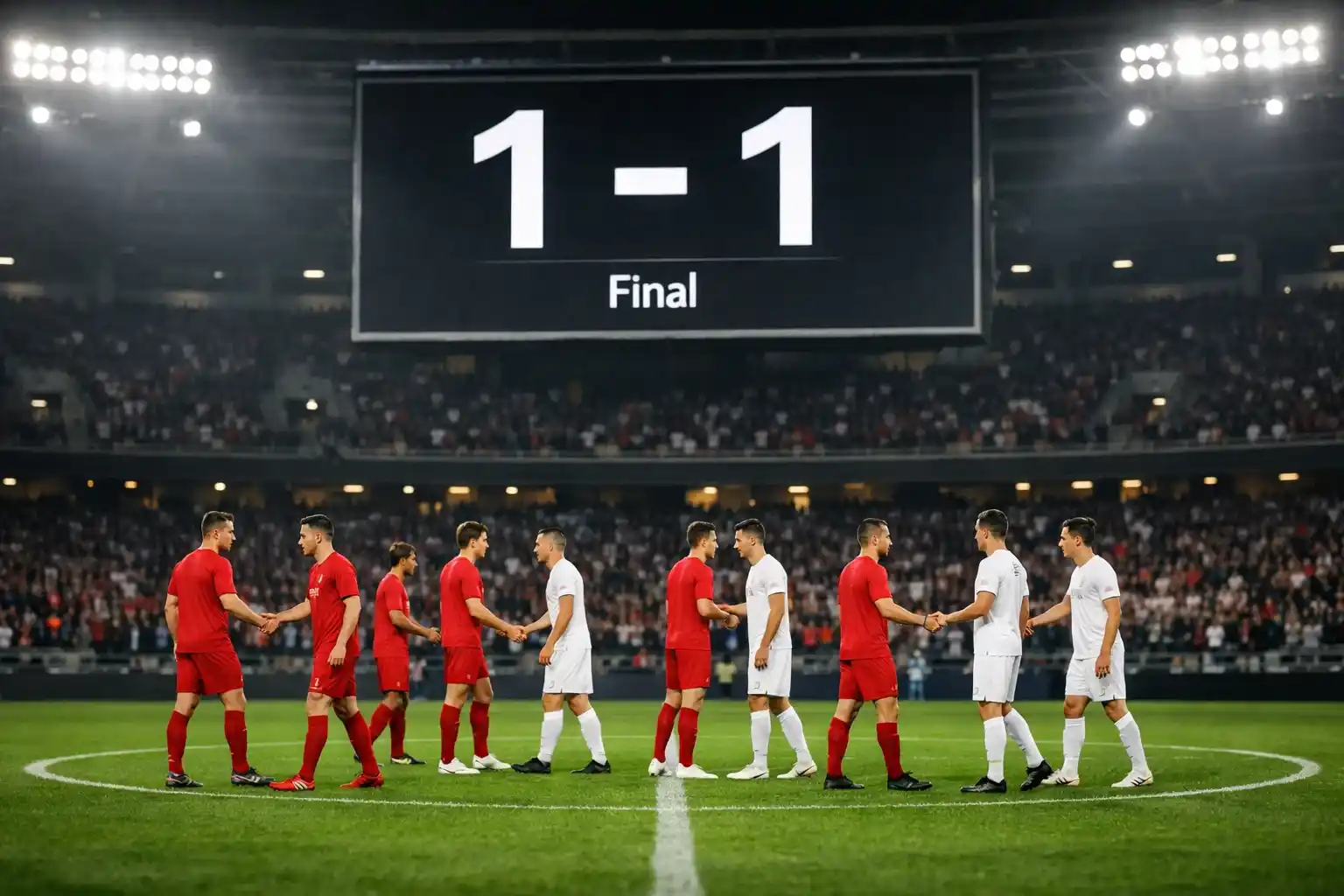 Dos equipos de fútbol empatando con marcador 1-1 visible