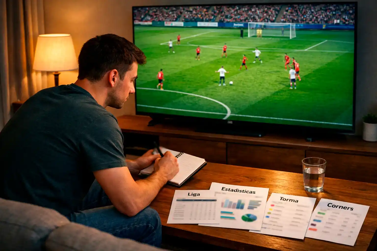 Aficionado viendo partido de liga menor en televisión con notas