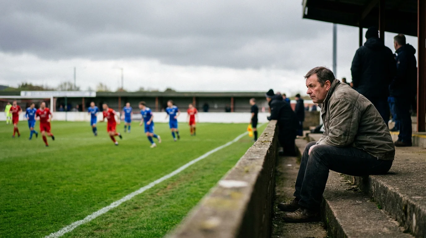 Aficionado viendo un partido de una liga de fútbol específica en un estadio semivacío