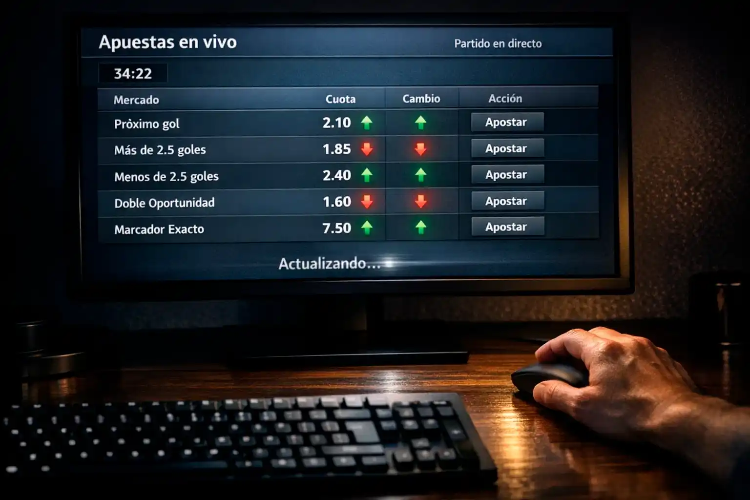 Pantalla mostrando cuotas de apuestas cambiando en tiempo real