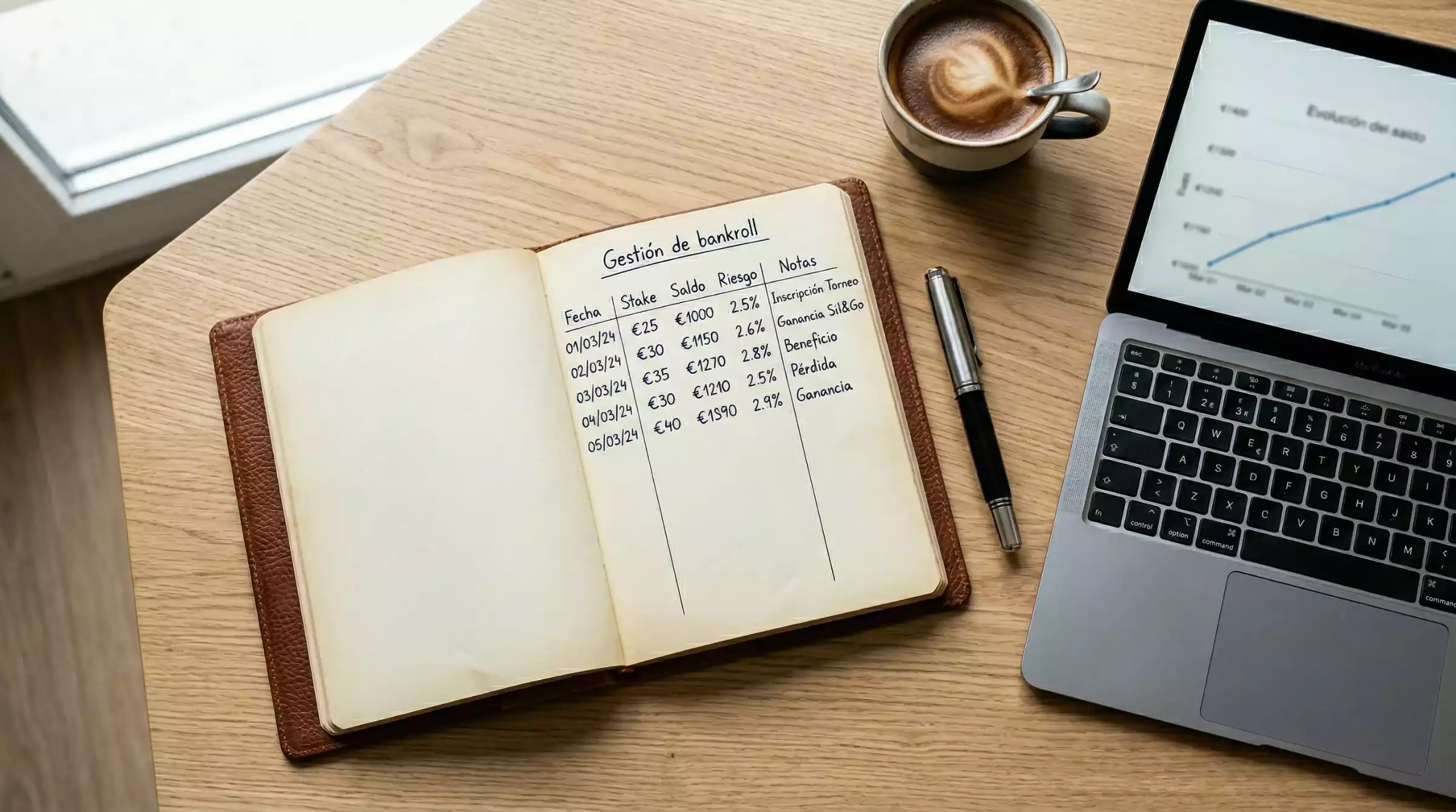 Cuaderno con plan de gestión de bankroll junto a un bolígrafo y un portátil con gráficos