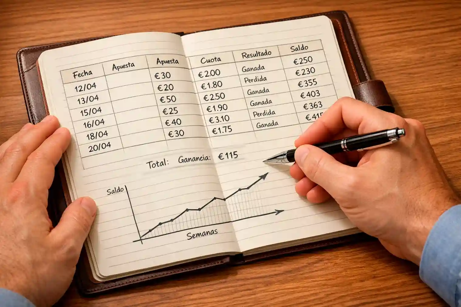 Libreta con registro de gestión del bankroll para apuestas