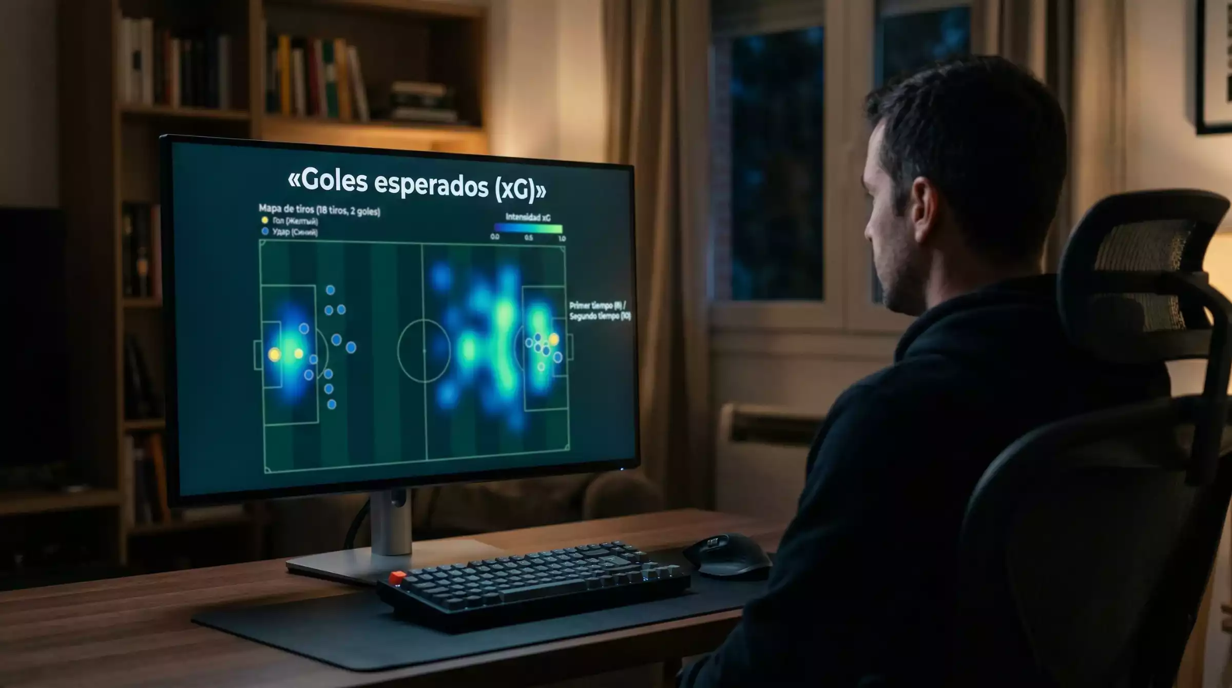 Pantalla de ordenador mostrando un mapa de tiros xG de un partido de fútbol