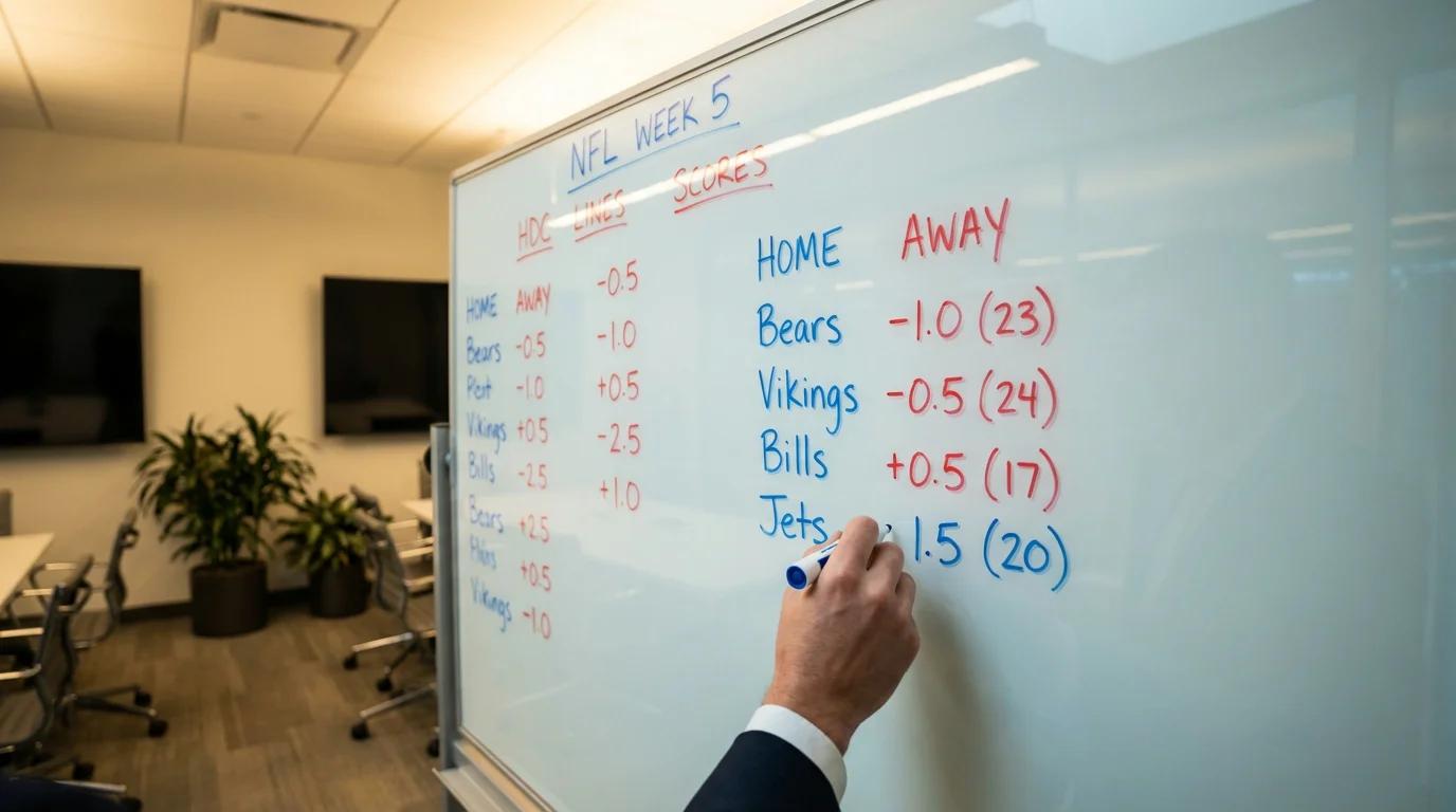 Primer plano de una pizarra con líneas de hándicap asiático y marcadores de fútbol