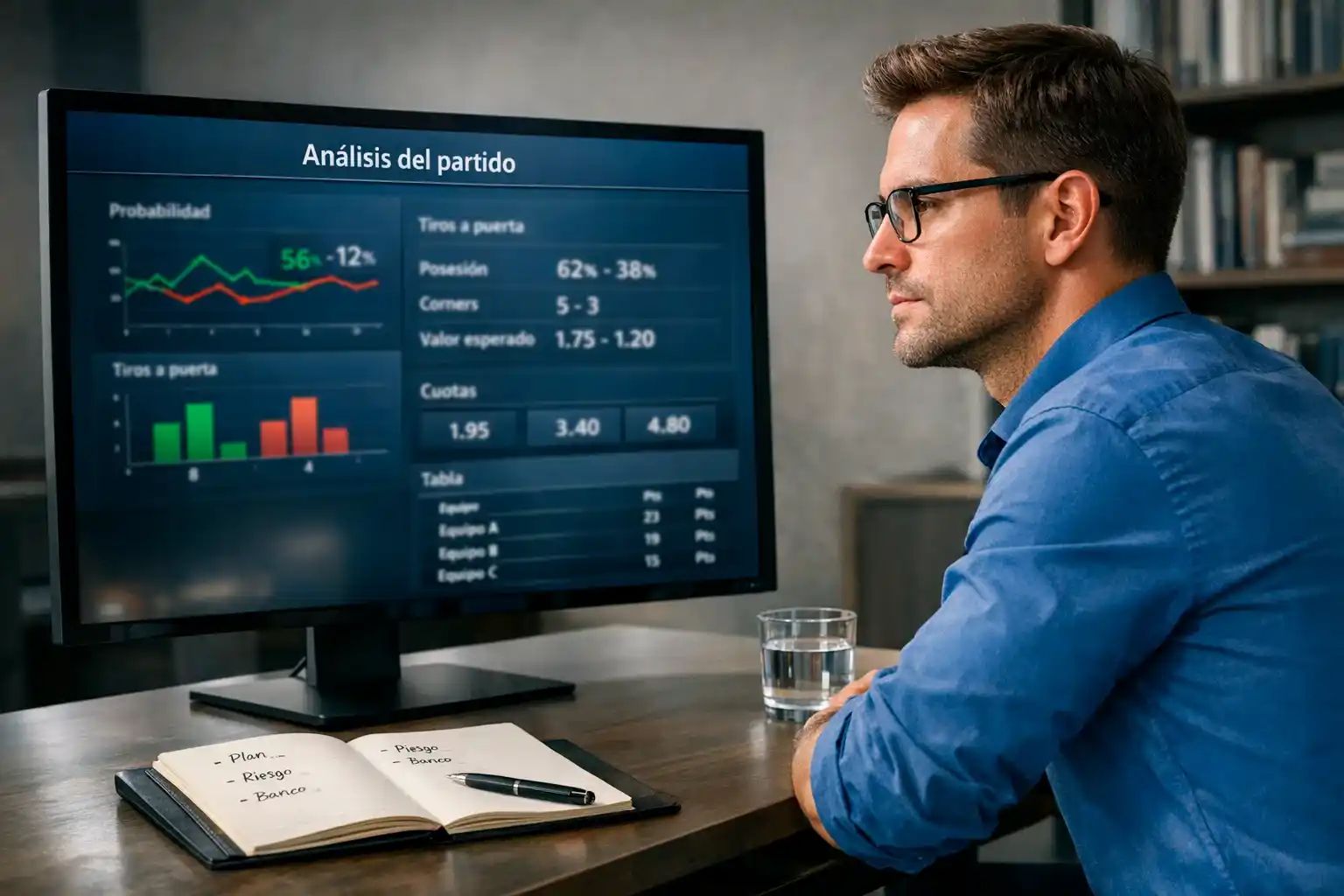 Analista deportivo concentrado revisando datos de partidos