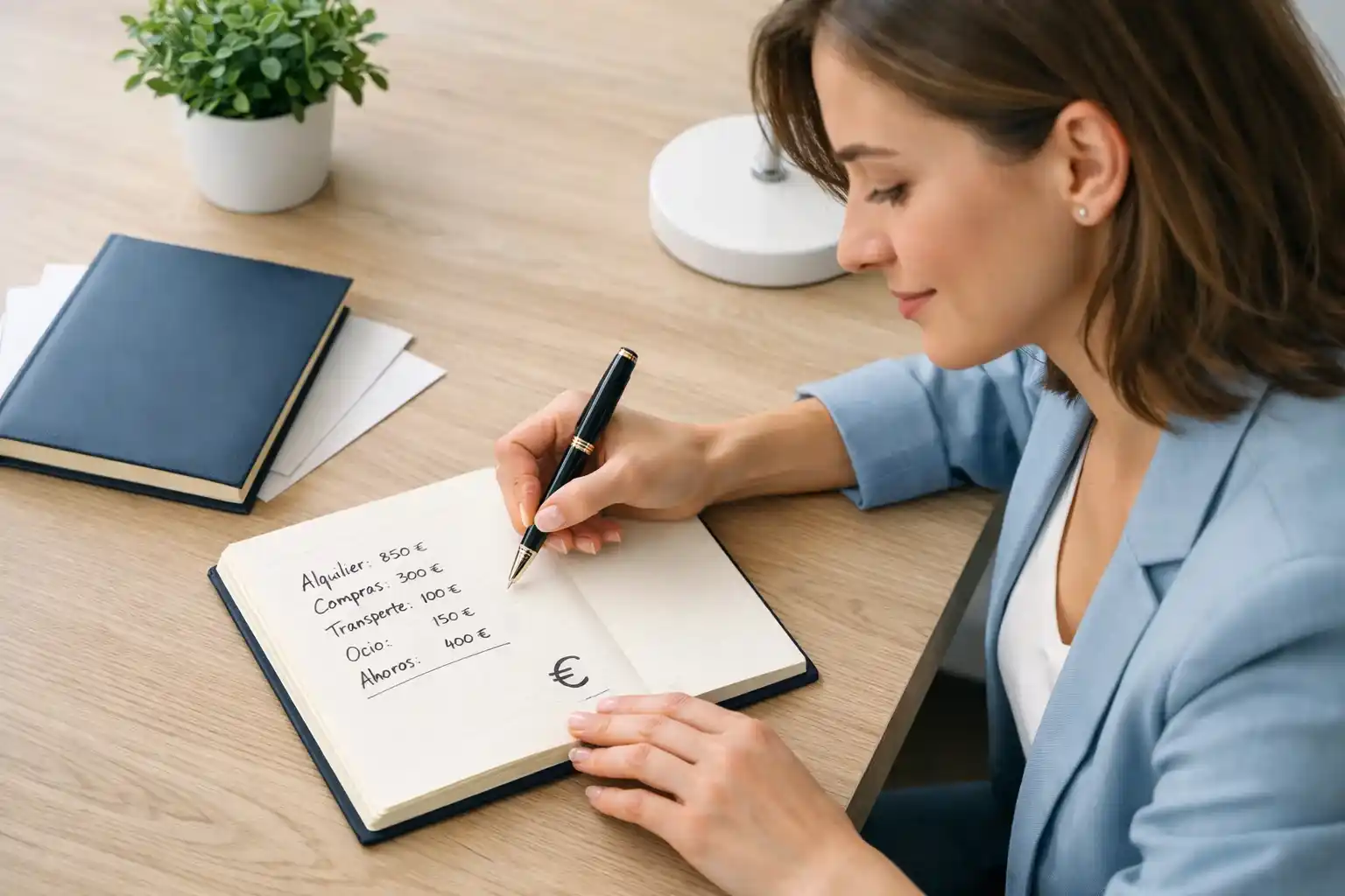 Persona organizando finanzas con libreta y símbolo del euro