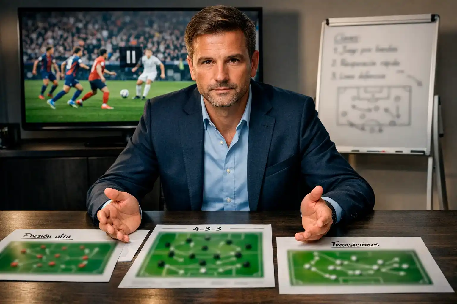 Analista estudiando formaciones tácticas de equipos de fútbol