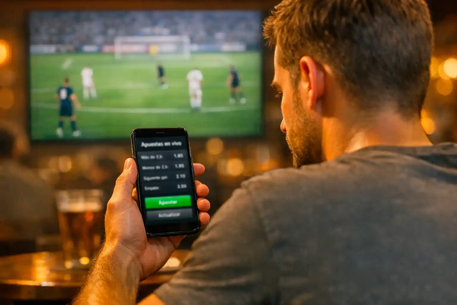 Aficionado viendo partido de fútbol en vivo con smartphone mostrando cuotas