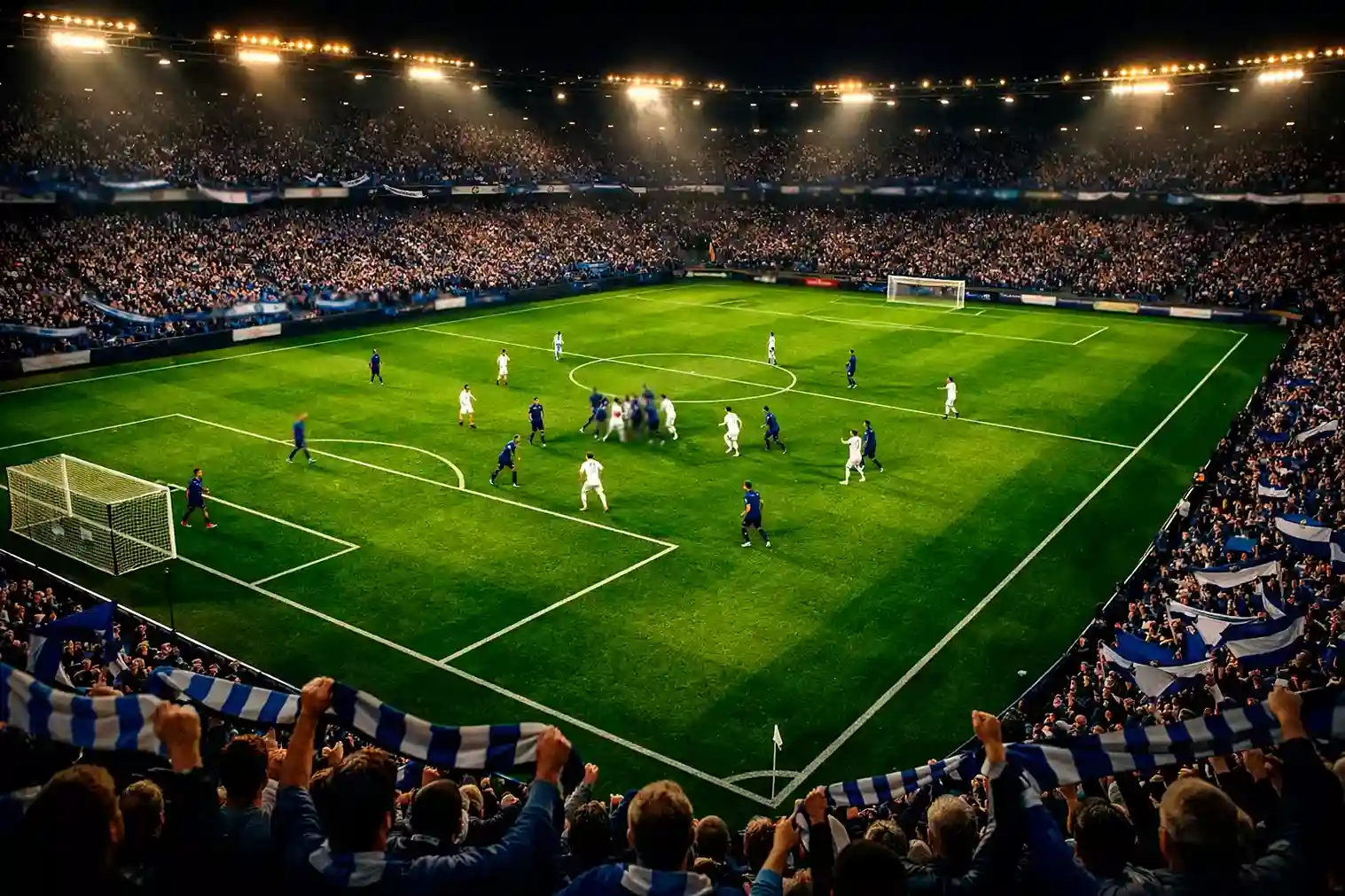 Estadio de fútbol profesional iluminado durante partido nocturno