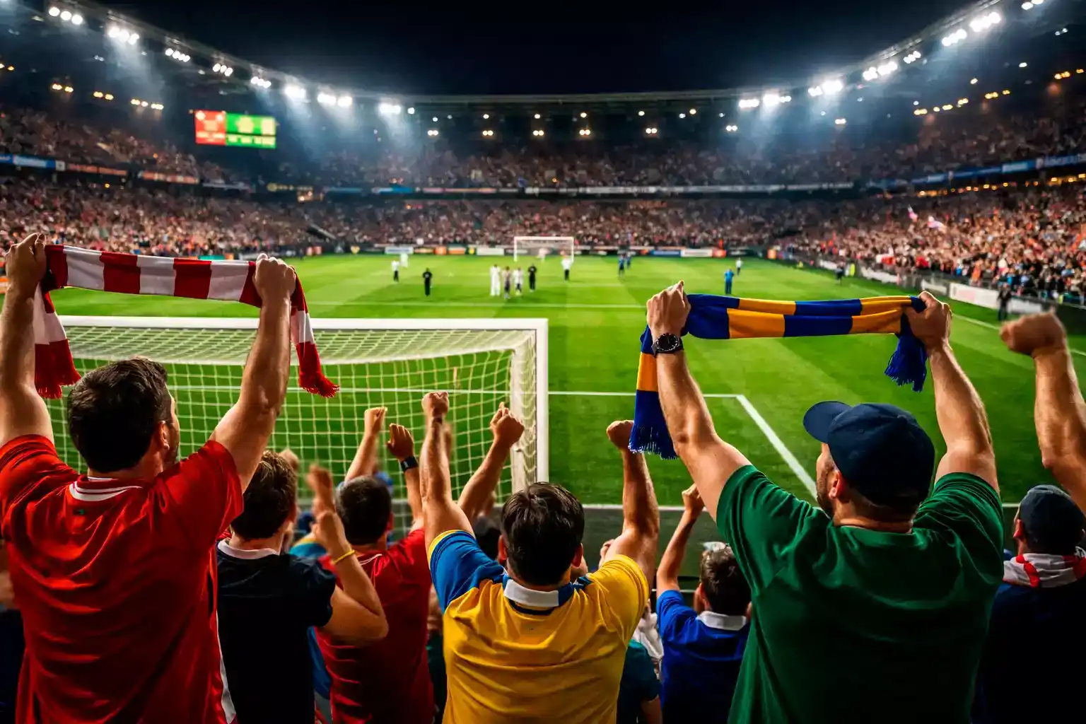 Aficionados celebrando en un estadio de fútbol con marcador visible