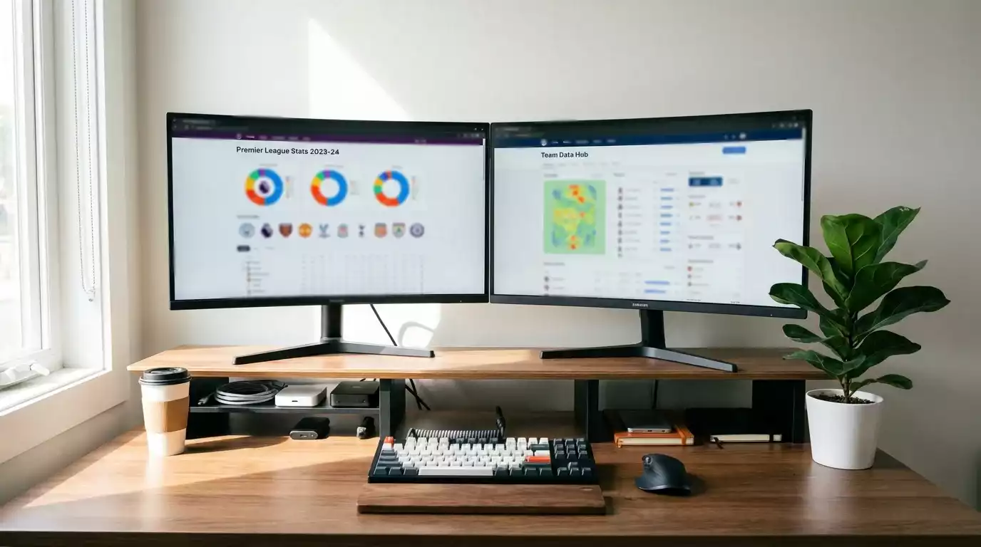 Escritorio con múltiples pantallas mostrando herramientas de análisis estadístico de fútbol