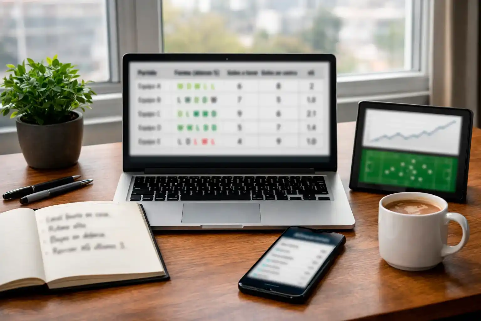 Escritorio con portátil mostrando página de estadísticas deportivas