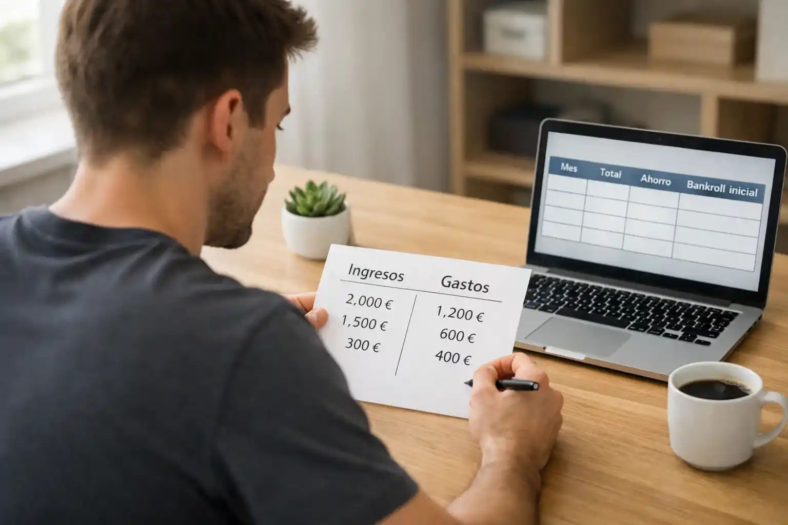 Persona calculando presupuesto mensual en escritorio ordenado