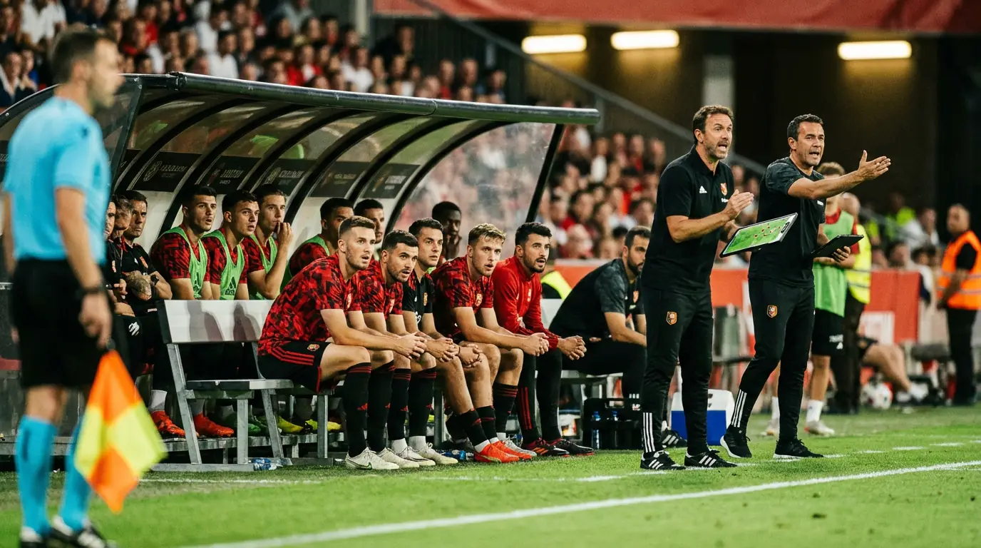 Banquillo de un equipo de fútbol con jugadores suplentes y el cuerpo técnico