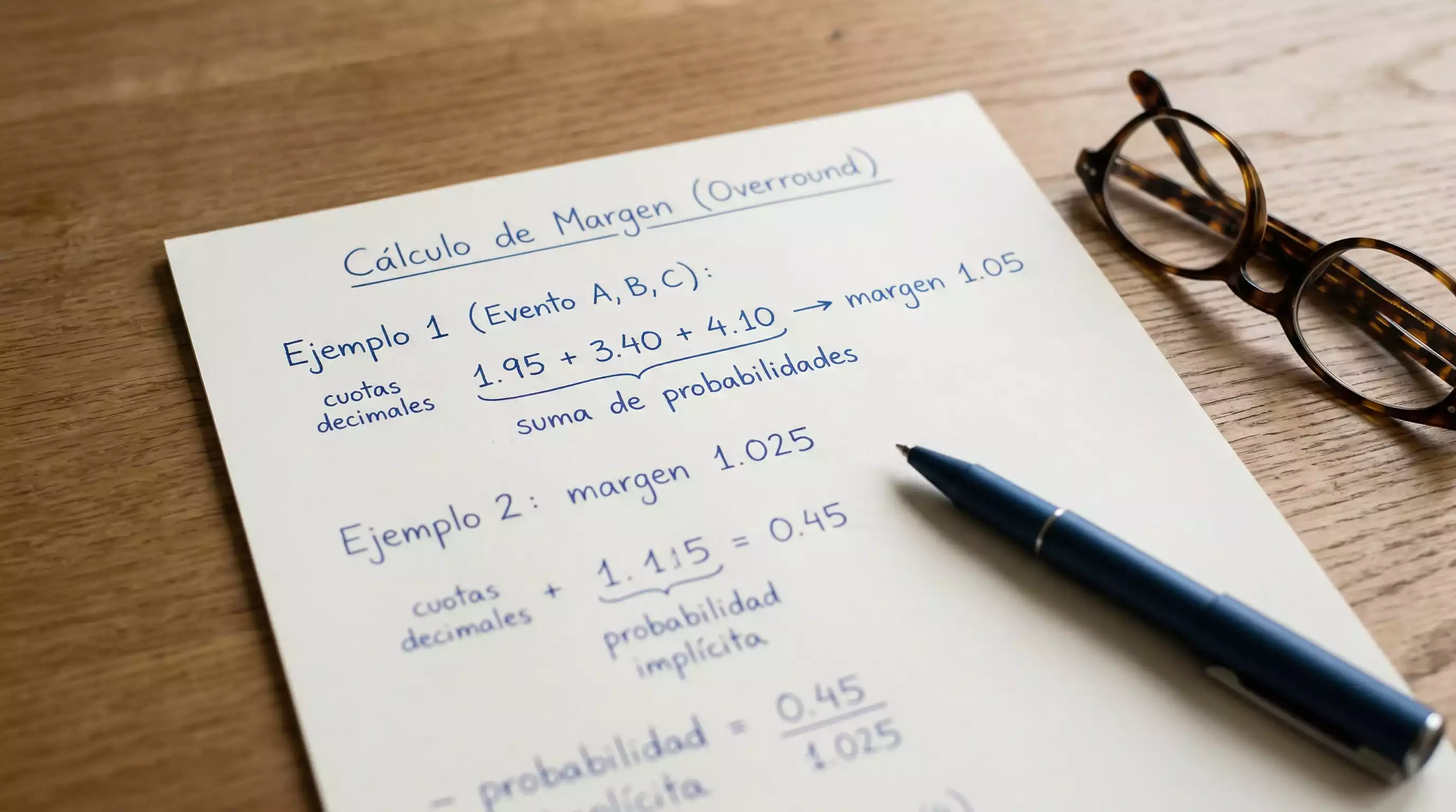 Documento con cálculos de márgenes y porcentajes de probabilidad sobre una mesa de trabajo