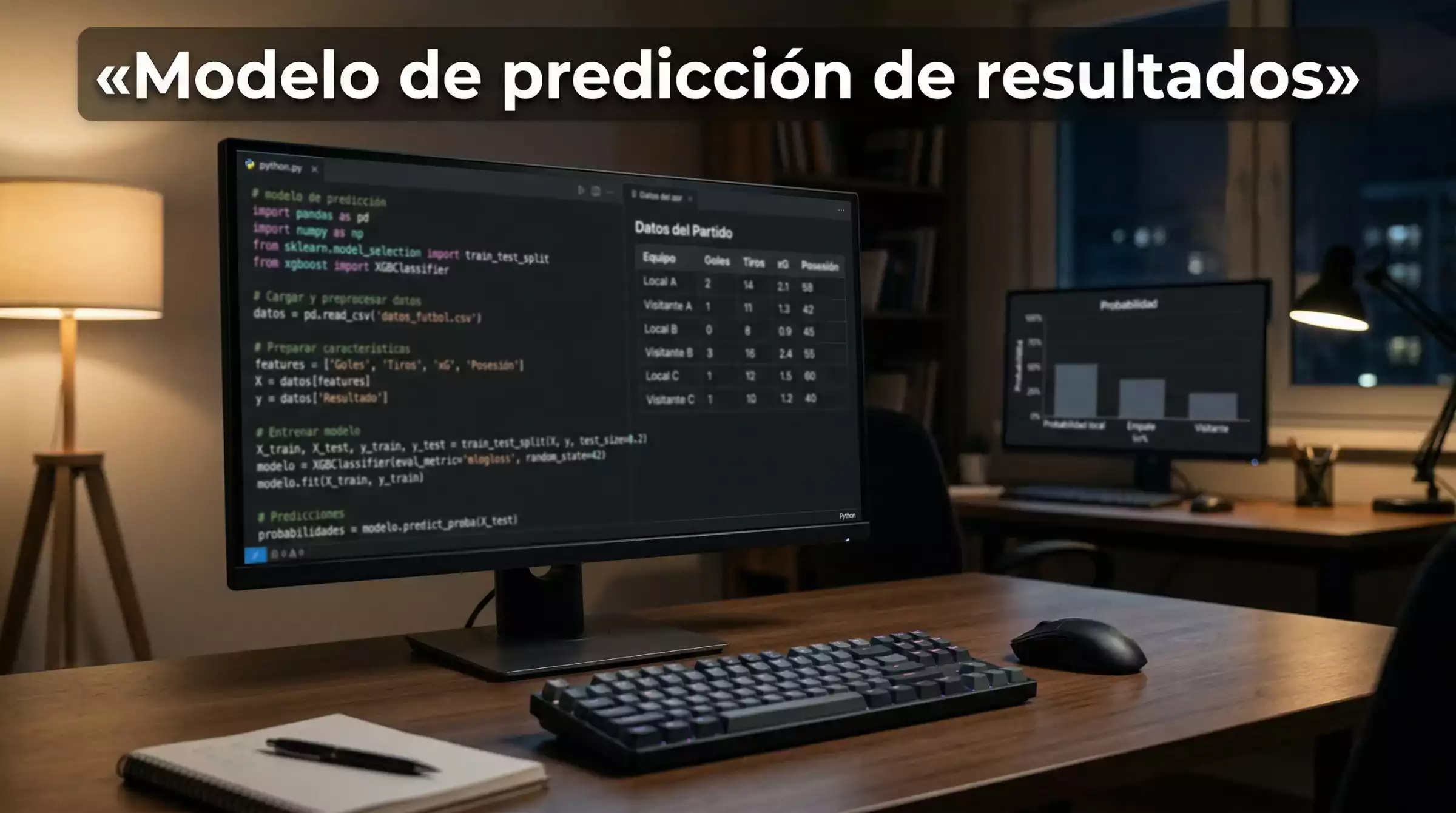 Pantalla de ordenador con código y datos estadísticos de fútbol para un modelo predictivo