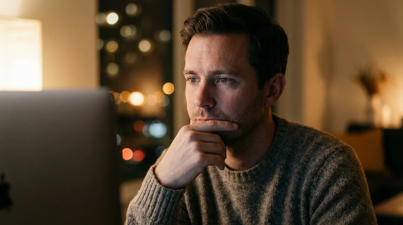 Hombre pensativo con la mano en la barbilla frente a una pantalla con datos de apuestas