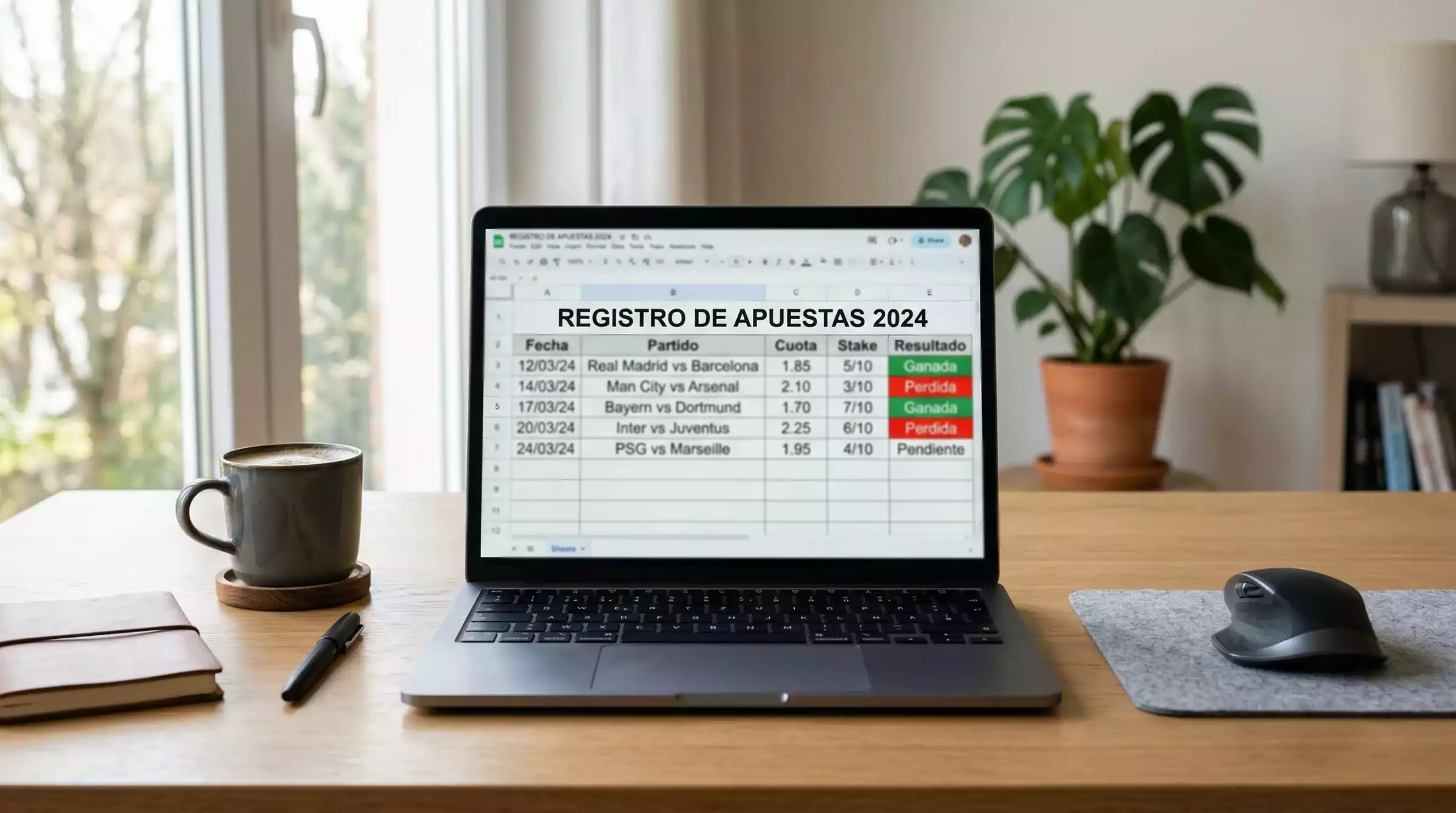 Hoja de cálculo abierta en un portátil con registro detallado de apuestas deportivas
