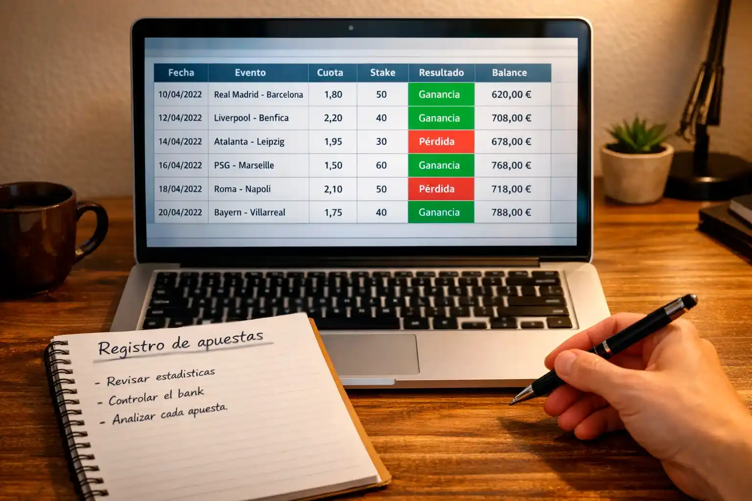 Hoja de c&aacute;lculo con registro detallado de apuestas deportivas