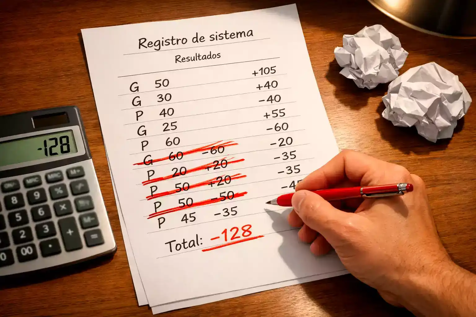 Persona analizando secuencia de resultados de apuestas en papel