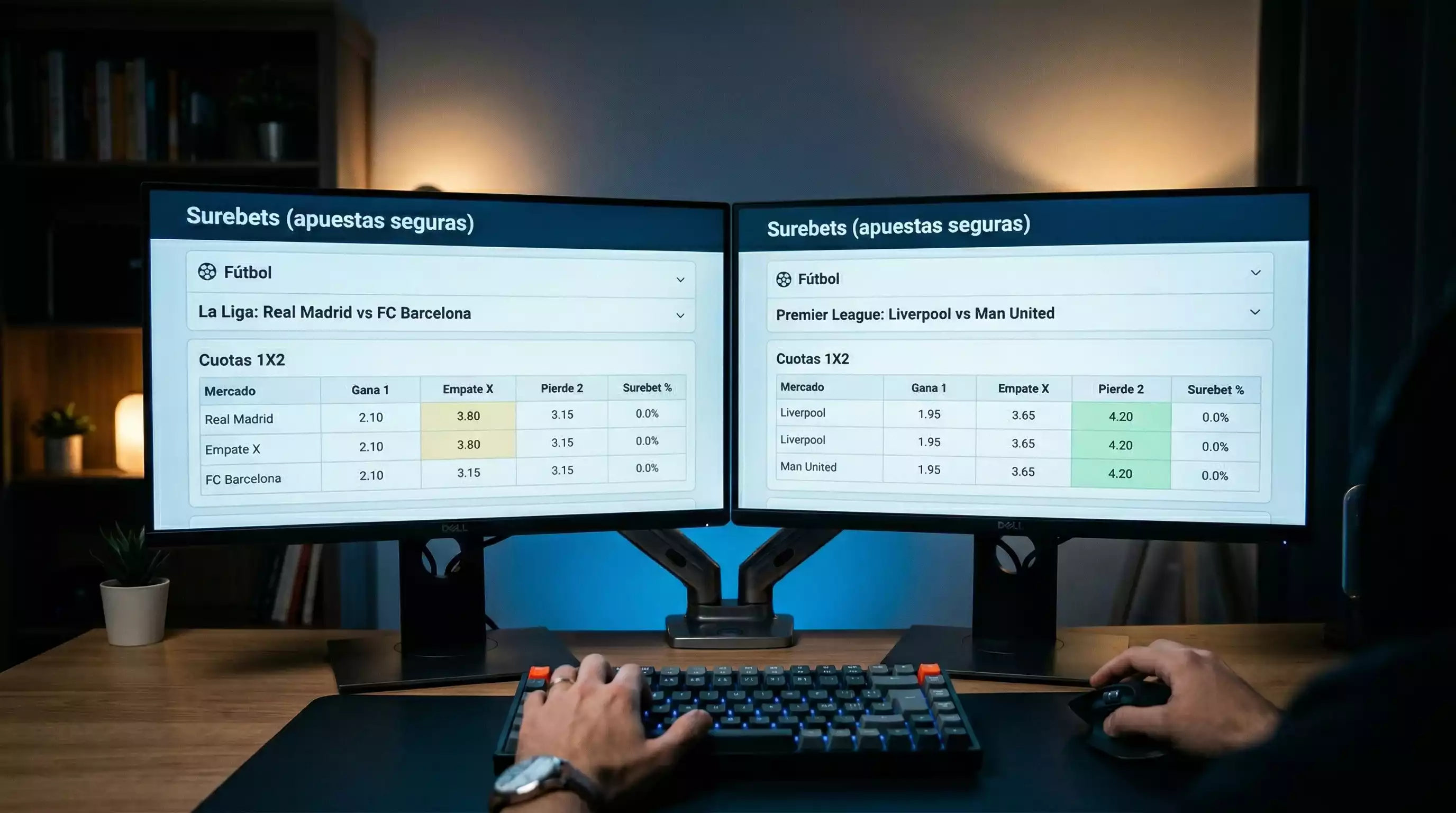Dos pantallas de ordenador mostrando cuotas diferentes de casas de apuestas para el mismo partido