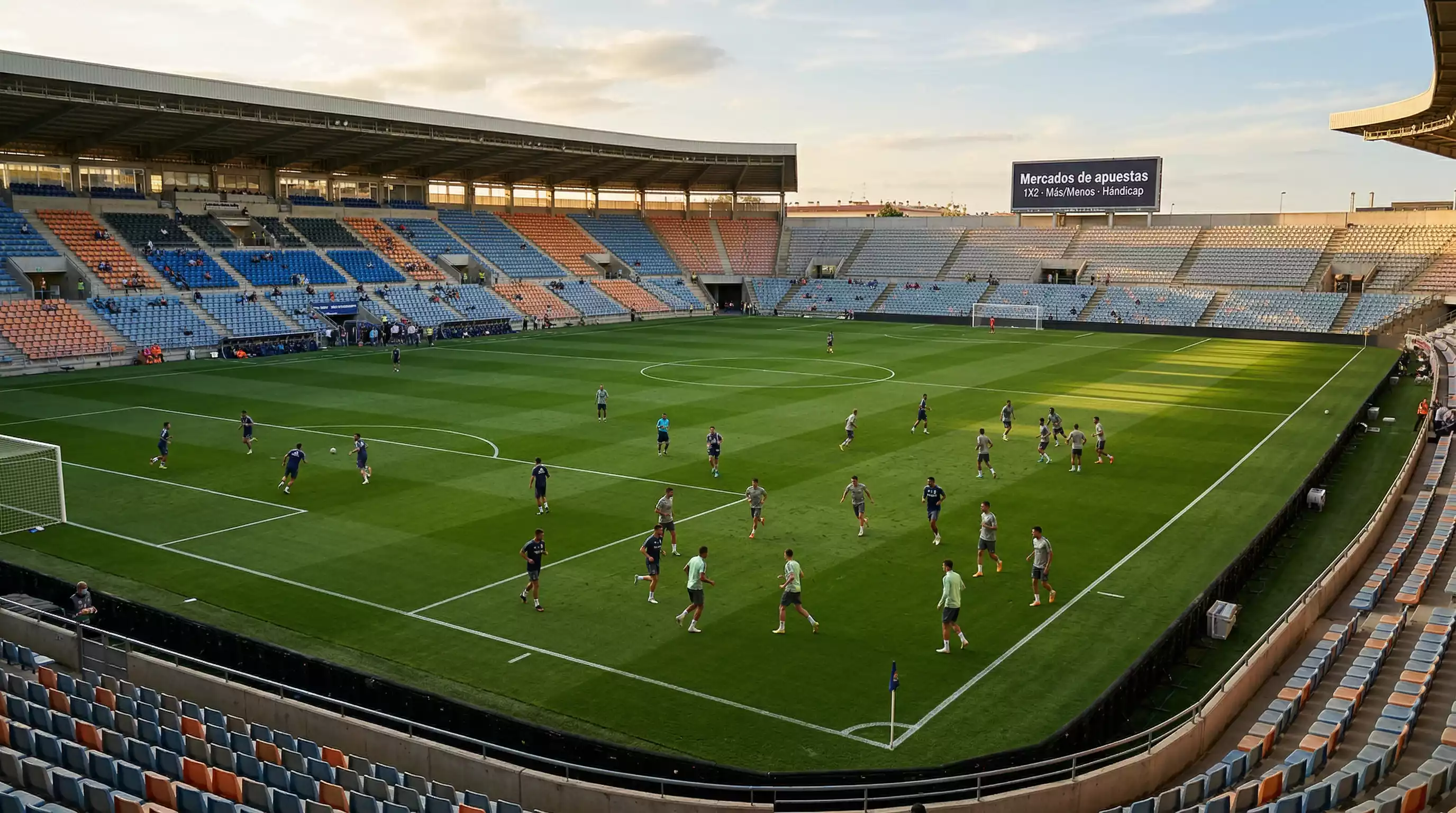 Campo de fútbol verde visto desde la grada con el marcador del estadio al fondo