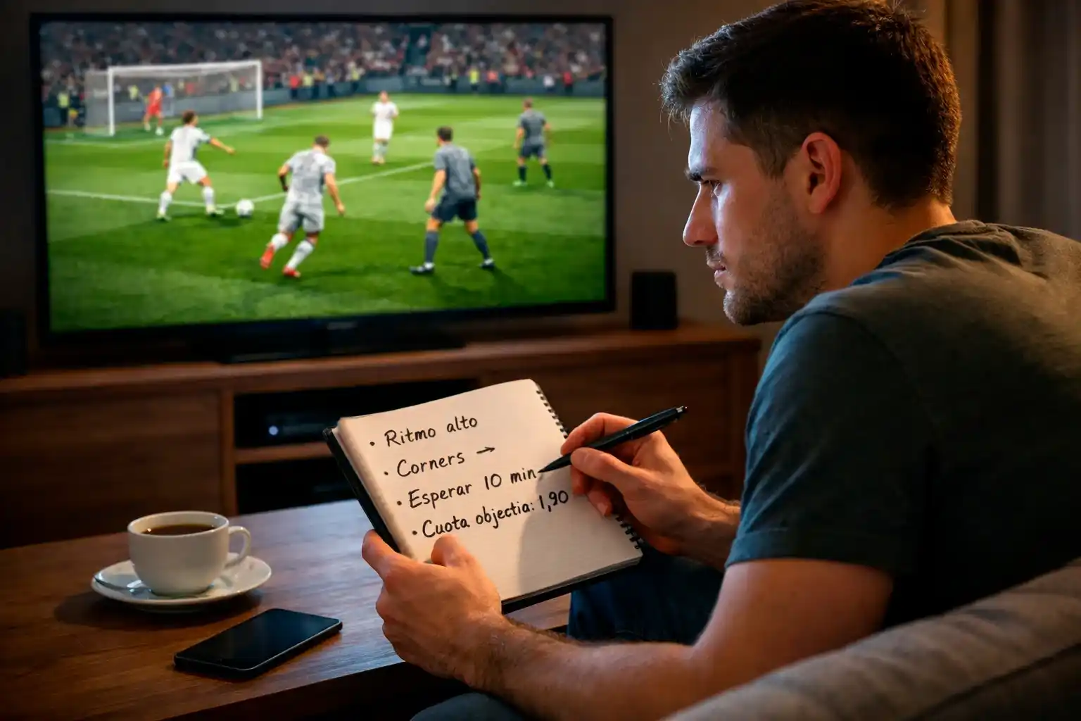 Persona analizando partido de fútbol en televisión con libreta de notas