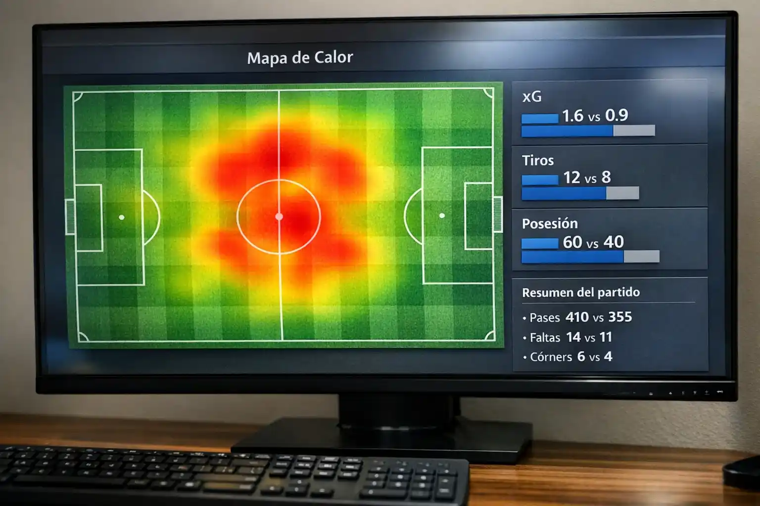 Pantalla mostrando estadísticas avanzadas de partido de fútbol